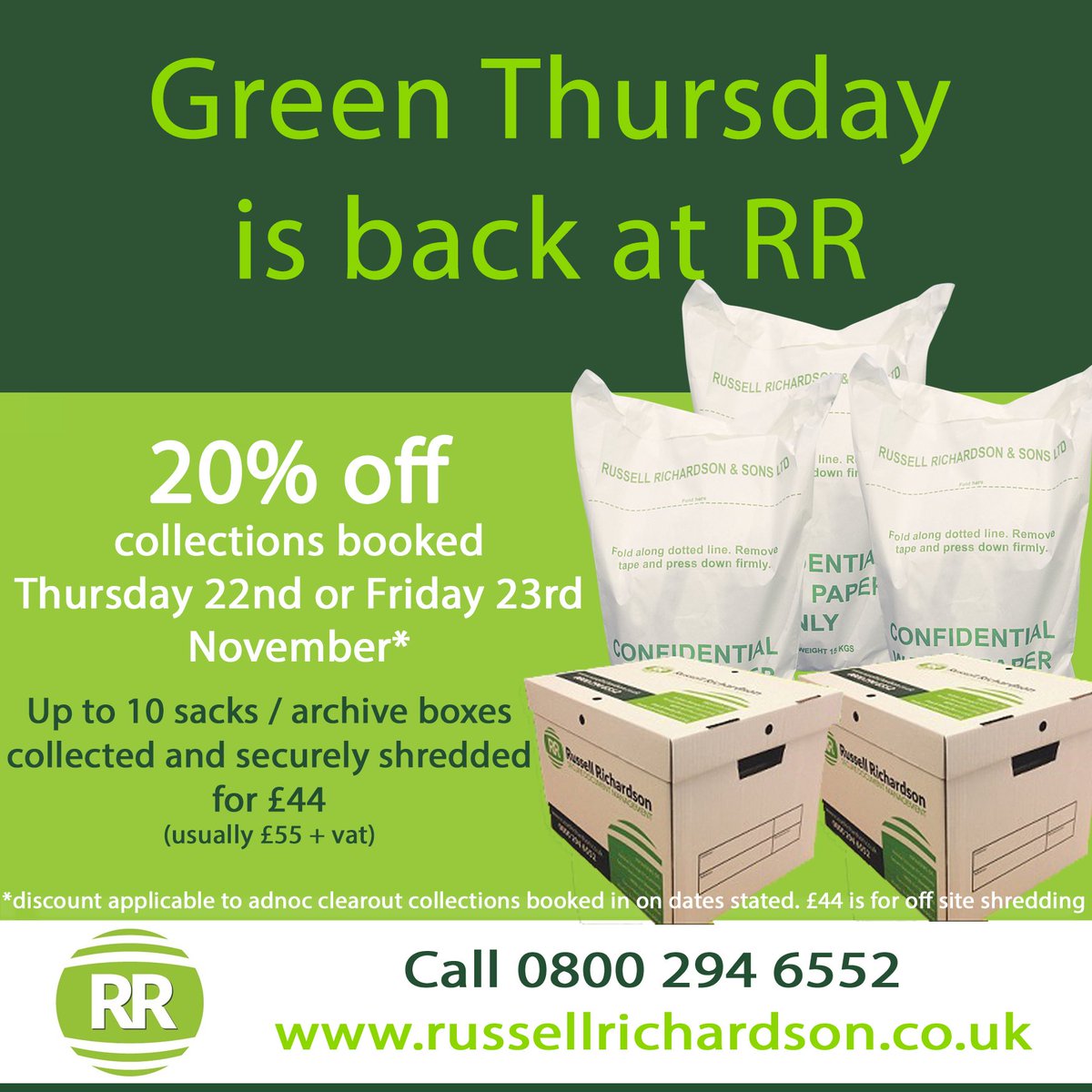 russellrichuk's tweet photo. Our Green Thursday deal ends today - 20% off all adhoc shredding collections booked by the end of today #blackfriday #discount #sheffieldissuper https://t.co/K9B4dCj1uZ