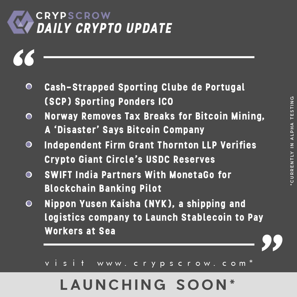 #dailycryptoupdate #cryptonews #crypscrow #clubedeportugal #ico #norway #remove #taxbreak #bitcoin #mining #thorbtonllp #verifies #cryptogiant #circle #usdc #reserves #swiftindia #partners #monetago #blockchain #banking #nipponyusenkaisha #stablecoin #cryptopay #workers #sea