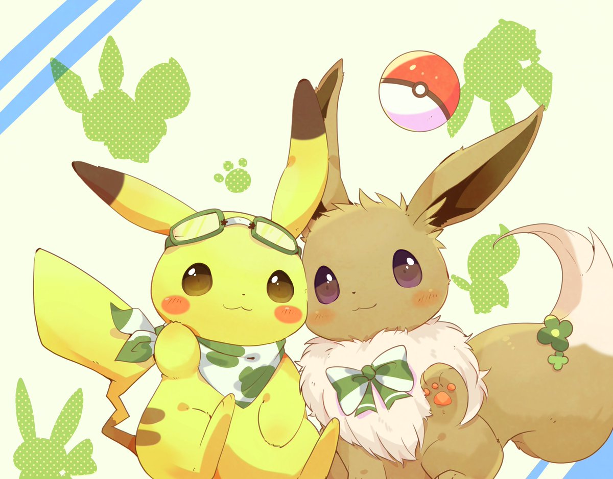 eevee ,pikachu no humans pokemon (creature) :3 poke ball closed mouth blush poke ball (basic)  illustration images