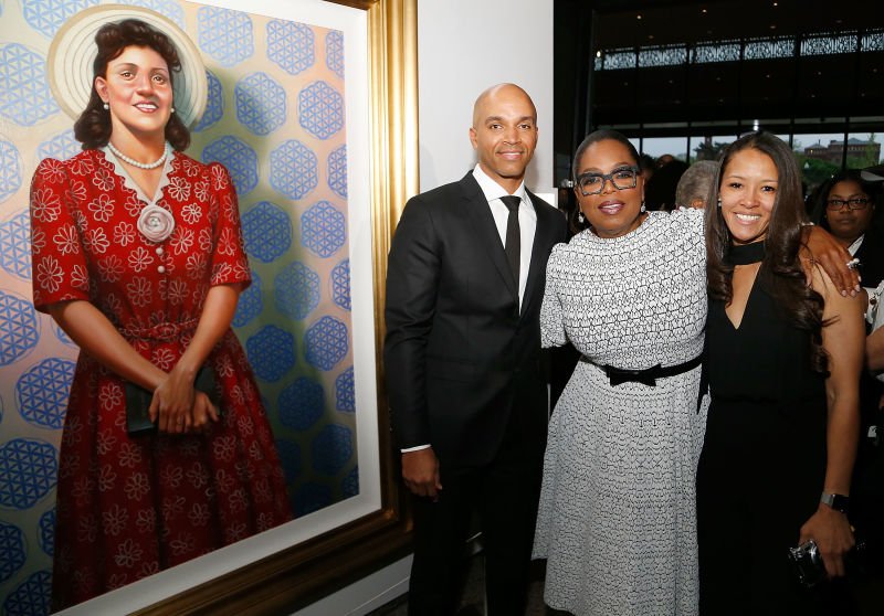 #HenriettaLacks Portrait: Artist Kadir Nelson, Oprah Winfrey and Jungmiwha Bullock stand beside Nelson's painting of Henrietta Lacks at the Washington, D.C., premiere of HBO Films' ...