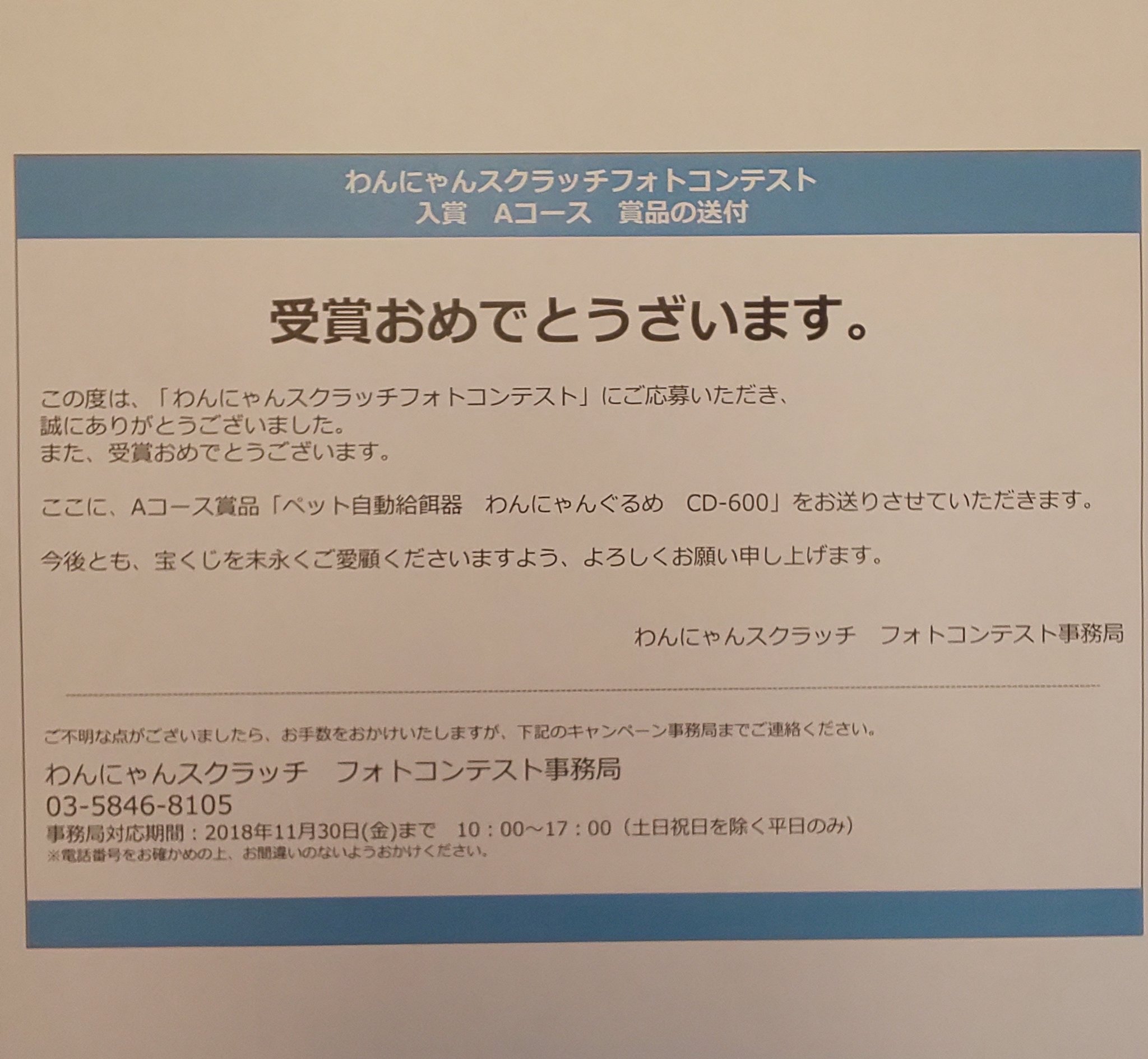小清水 Twitterから宝くじの わんにゃんスクラッチフォトコンテスト に応募してみたら 何と入賞してしまいました Dmでのやり取りだけだったので半信半疑でしたが 今日賞品が届いて 本当だったんだ と驚く 何はともあれ おめでとう ダンちゃん