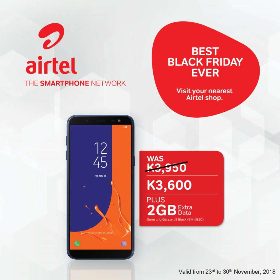 Airtel_Zambia's tweet photo. Black Friday Special. Enjoy up to 10% off on the Samsung Galaxy J8 (SM-J810) and enjoy 2GB extra data. Offer valid up to end of this month. https://t.co/AFOOTV0dXA