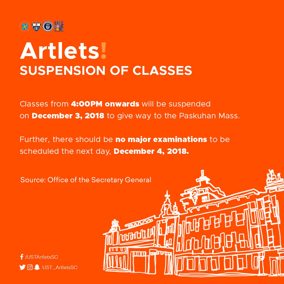 ust_absc's tweet photo. Classes from 4:00PM onwards will be suspended on December 3, 2018 to give way to the Paskuhan Mass. Further, there should be no major examinations to be scheduled the next day, December 4, 2018.

Please be guided accordingly. Thank you.

#USTPaskuhan2018
#PurposeInAction https://t.co/dVMbsGS4bu