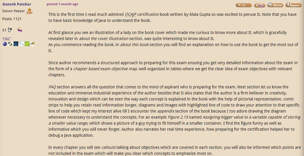eMalaGupta's tweet image. Thanks @ggpatekar for an amazing review (10 out of 10 points!) of my @ManningBooks title &apos;OCA Java SE 8 Programmer I Certification&apos; - coderanch.com/wiki/671285/bo…

#Java #certification #eJavaGuru