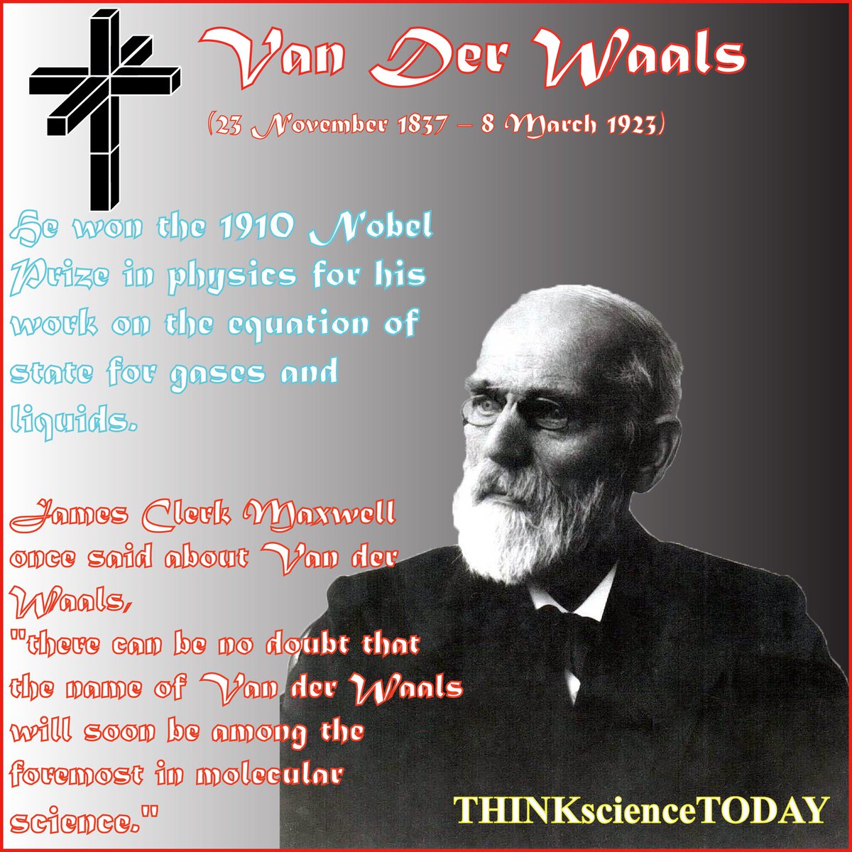 TsTscience's tweet photo. #Today on the 23rd of #November 1837, Johannes Diderik van der Waals was born. He was a #Dutch theoretical #physicist and thermodynamicist famous for his work on an equation of state for gases and liquids. 
#science https://t.co/af0DTxGk2K