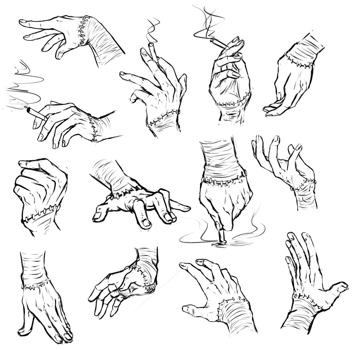 "I'm gonna sketch some hands to warm up a little but they look boring..." 

*adds scars and staples"

"...much better." 