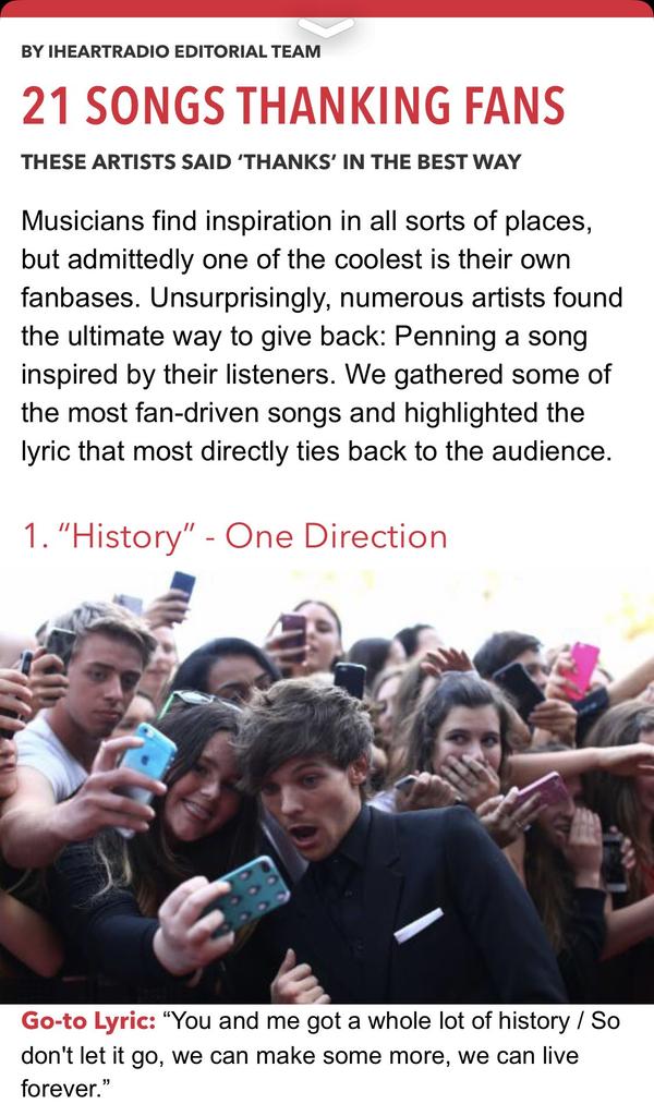 _PROMOTING1D_'s tweet photo. [ UPDATE ]

@onedirection’s #History is at number 1🔥of “21 Songs Thanking Fans” list on @iHeartRadio’s Snapchat 

Thank Very Much @iHeartRadio For this! 

Happy Thanksgiving #Directioners, #1DFamily, #Harries ,#Louies ,#Niallers, #Payners &amp; #Zquad 🙌 Hope u all have a great day https://t.co/xlUx321DI7
