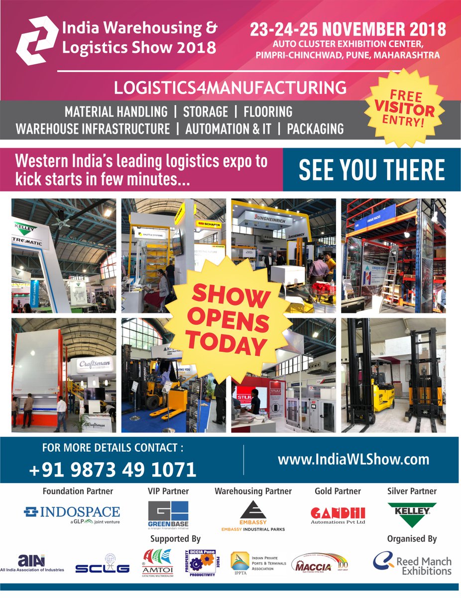 IWLS2018's tweet photo. Western India's #logistics &amp; #materialhandling exhibition, #IWLS2018 to open today till Nov 25 at Auto Cluster, Exhibition Centre, Pune. Register at https://t.co/ufDW7270aj or call 9873491071 . #warehousing #supplychain #storage #racking #automation #PEB #flooring #packaging https://t.co/S29eC0tplk