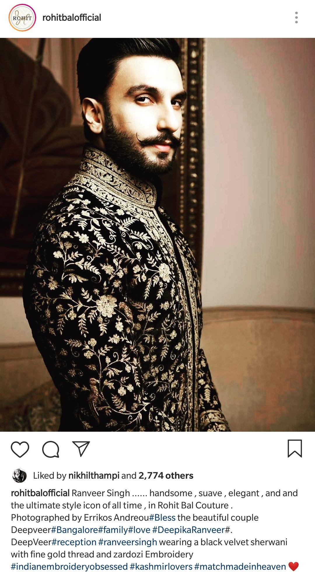 ranveer singh in a black embroidered sherwani