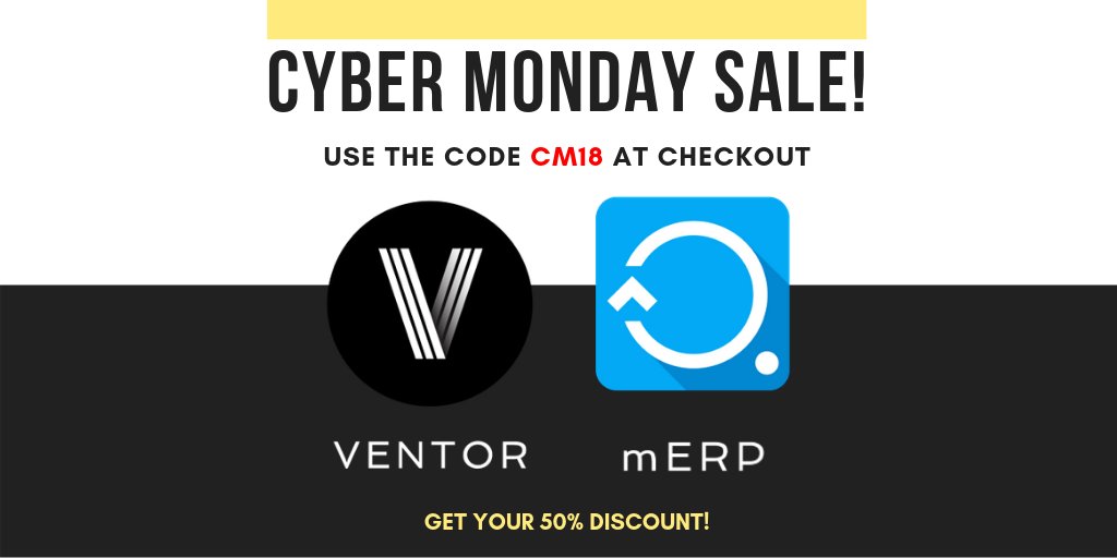 Get a 50% discount for Ventor and mERP licenses. Use the code CM18 at checkout on merpapp.com/shop/ #Odoo  #odoo #merp #odoomobile #odoowms #odooandroid #ventor #odooapp #odooapps #mobileerp #odooexperience2018 #v12 #odoo12 #CyberMonday