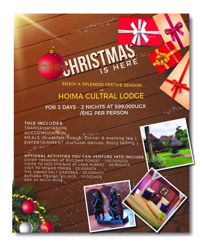 HoimaLodge's tweet photo. Festive goodies, Book with us this Christmas season and enjoy scintillating offers at @HoimaLodge @mysafaris  Book Now ☎️ +256704671288 
📩bookings@ugandaculturallodges.com @genoeric1 @IsaacOdongoSnr @DorynAdamz @josh_mirondo @paulwebs1 https://t.co/S354qUQUmt