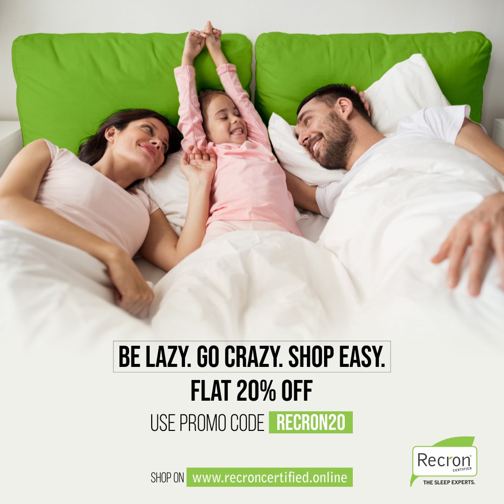 Save 20% On All Products
Shop Online - recroncertified.online          
Mattresses | Pillows | Bolsters | Bed sheets | Quilts | Cushions | Travel Pillows | Baby Beds
#recroncertified #recron #thesleepexperts
