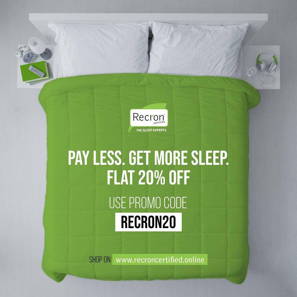 Save 20% On All Products
Shop Online - recroncertified.online          
Mattresses | Pillows | Bolsters | Bed sheets | Quilts | Cushions | Travel Pillows | Baby Beds
#recroncertified #recron #thesleepexperts