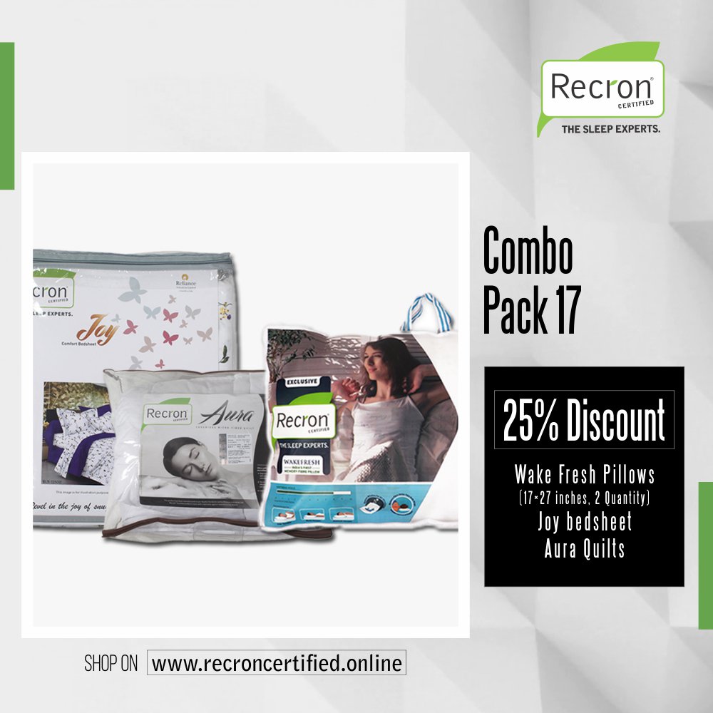 Save 20% On All Products
Shop Online - recroncertified.online          
Mattresses | Pillows | Bolsters | Bed sheets | Quilts | Cushions | Travel Pillows | Baby Beds
#recroncertified #recron #thesleepexperts