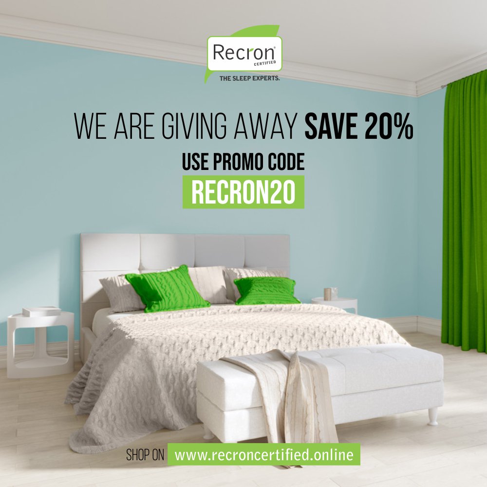 Save 20% On All Products
Shop Online - recroncertified.online          
Mattresses | Pillows | Bolsters | Bed sheets | Quilts | Cushions | Travel Pillows | Baby Beds
#recroncertified #recron #thesleepexperts