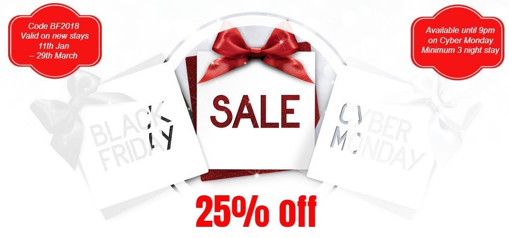 🔖🔖BLACK FRIDAY TO CYBER MONDAY SALE🔖🔖

25% off from now until Monday 9pm. book 3+ nights between 11th Jan and 28th Mar!
🔖🔖Enter Code: BF2018🔖🔖
🔖🔖 BOOK YOUR STAY: buff.ly/2y4a7Ou 🔖🔖 
*Excl. Drummond , Lismore &amp; Culzean. 5% VIP discount is not valid.*1booking pp