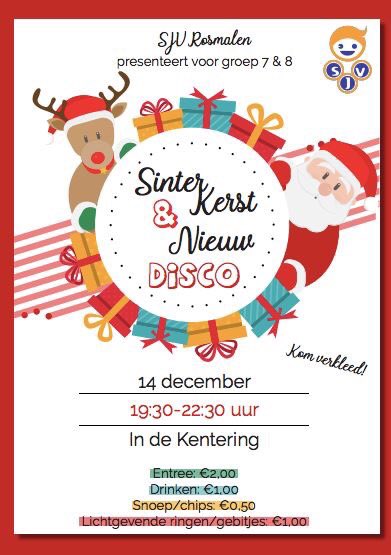 Vrijdag 14 december vindt in De Kentering de gezamenlijke themadisco voor groep 7 en 8 plaats! De disco kent ook een thema: Sinter-Kerst &amp; Nieuw!

Verkleden naar het thema vinden we hartstikke leuk!

De disco duurt van 19.30 tot 22.30. Zien we jullie daar?