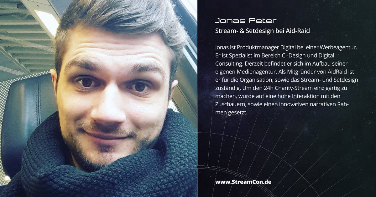 Stream_Con's tweet image. Freut euch mit uns auf Jonas Peter! Er kümmert sich bei @aidraid_de um das Stream- &amp;amp; Setdesign und die Organisation. Auf der #StreamCon ist er auf dem Panel zum sozialen Engagement 2.0 dabei.