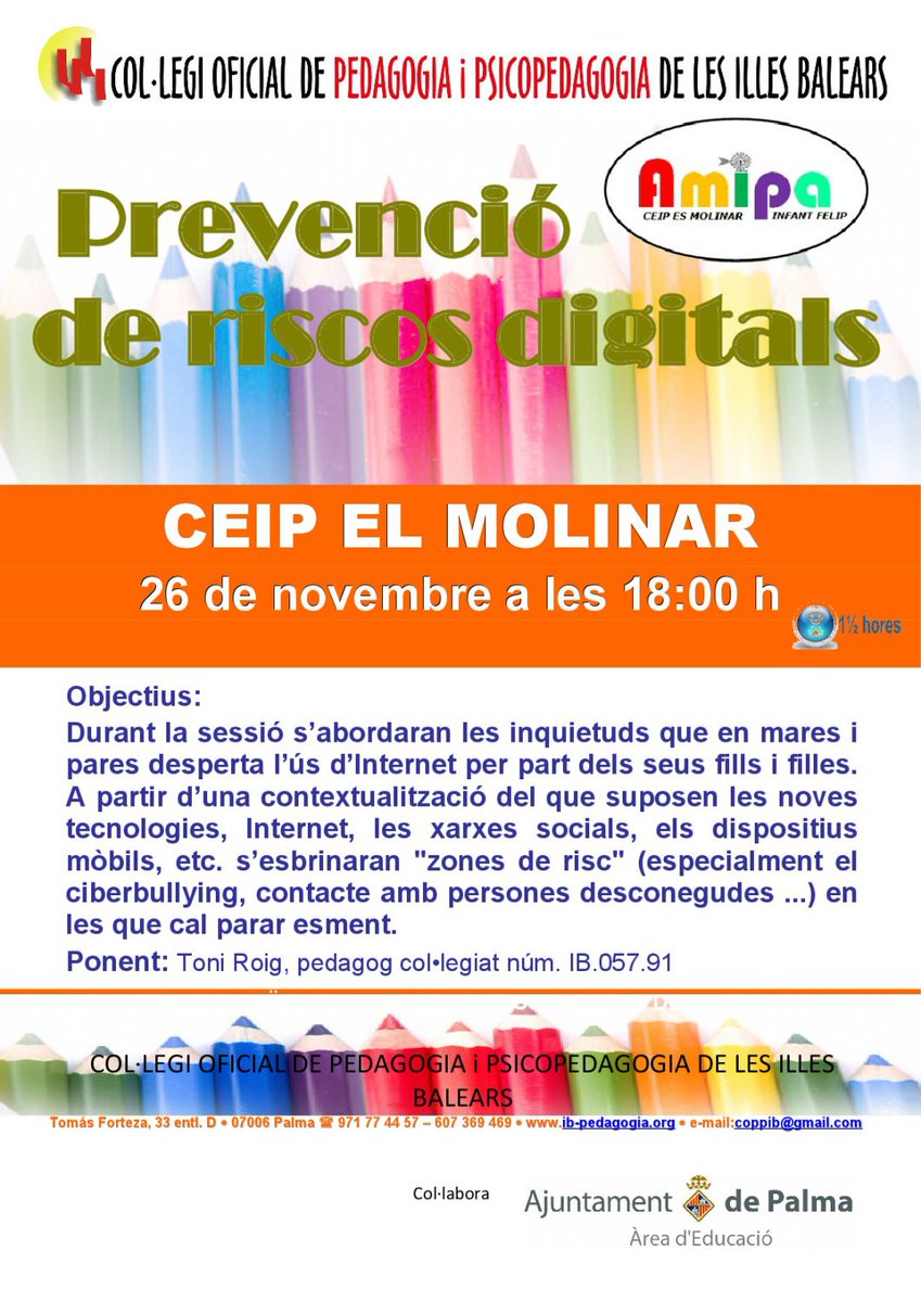 AFA_Es_Molinar's tweet photo. Dilluns 26 de novembre a les 18h xerrada de "Prevenció de riscos digitals" al @ceipesmolinar. Servei de guarderia si ho sol·liciteu. Inscripcions a la web de l'AMIPA. Xerrada gratuïta pels socis https://t.co/5rV0u8ywy9 https://t.co/sn8FNuQClC