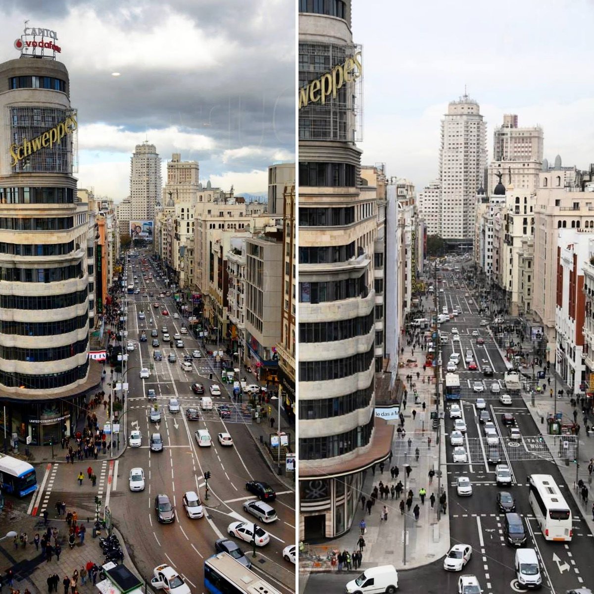 Madrid hat seine Hauptstraße, die Gran Via, von 6 auf 2 Autospuren zurückgebaut. Dafür wurden die Gehsteige breiter und es gibt Fahrrad- und Busspur.