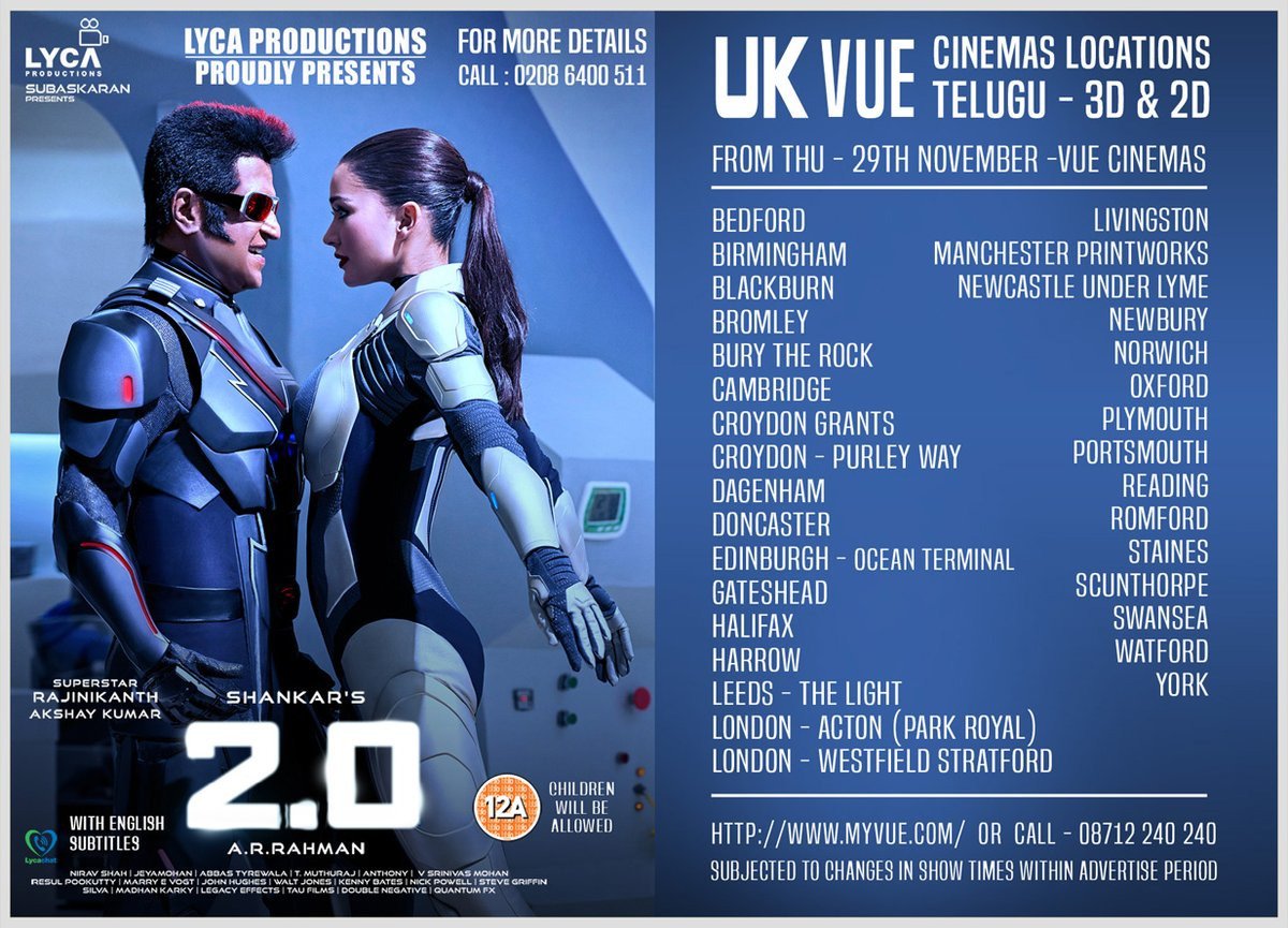 RIAZtheboss's tweet photo. . #2Point0 UK Theatre List
#2Point0FromNov29 #2Point0FromNov29th #2Point0Craze #2Point0Mania #2Point0GoodvsEvilinamonth #2Point0November #2point0mode #Thalaivar #SUPERSTAR @rajinikanth @akshaykumar @iamAmyJackson @lyca_productions @shankarshanmugh https://t.co/rrsOmCq1Lj