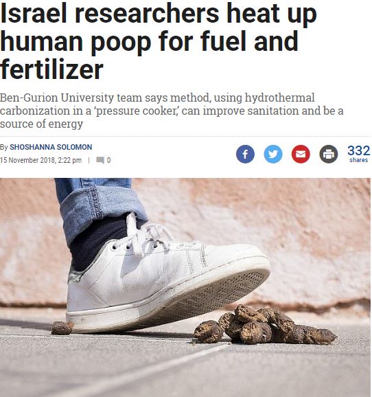 Converting 💩 into energy for 🚗. A new study by #Israel's Ben Gurion University on #worldtoiletday2018 aims to take recycling to a whole new level.

🔗timesofisrael.com/israel-researc…