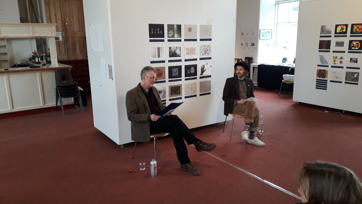 cocopofest's tweet photo. Mat Osmond and Charlie Sherratt reading from Brendan Kennelly's visionary poem poem The man made of rain, which inspired the wonderful illustrations in the @PolyFalmouth show.
#cocopofest https://t.co/wHZ5BuYdLB