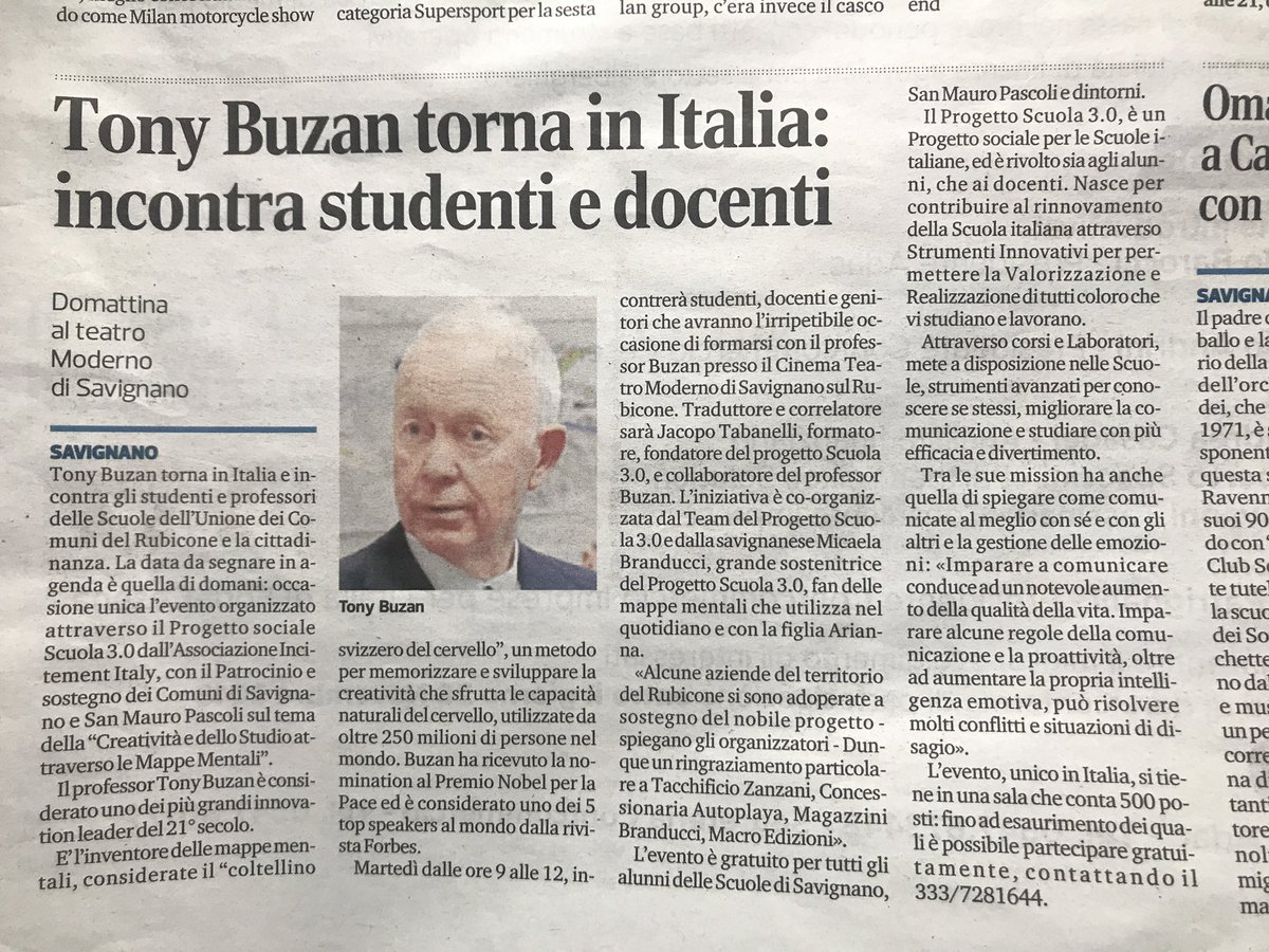 Tony_Buzan's tweet photo. Buongiorno dall’Italia! My visit to Italia starts with the Primacy of Good News: 300+ kids and 100 teachers and parents in Cinema Teatro Moderno in Romagna, Savignano sul Rubicone learning (for 3 hours!) How To #UseThereHeads! Immediately featured in: Corriere Romagna!  You...... https://t.co/3YPgeGgmAQ