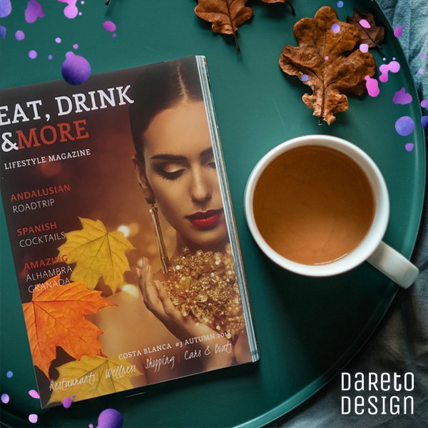 Hola, Dare to design gaat internationaal. Het Eat, Drink &amp; More lifestyle magazine heeft een nieuwe look en feel gekregen. Het Spaanse magazine ligt in de lokale Spaanse winkels. Dit magazine promoot de mooiste plekken en hotspots in Spanje. Adios!