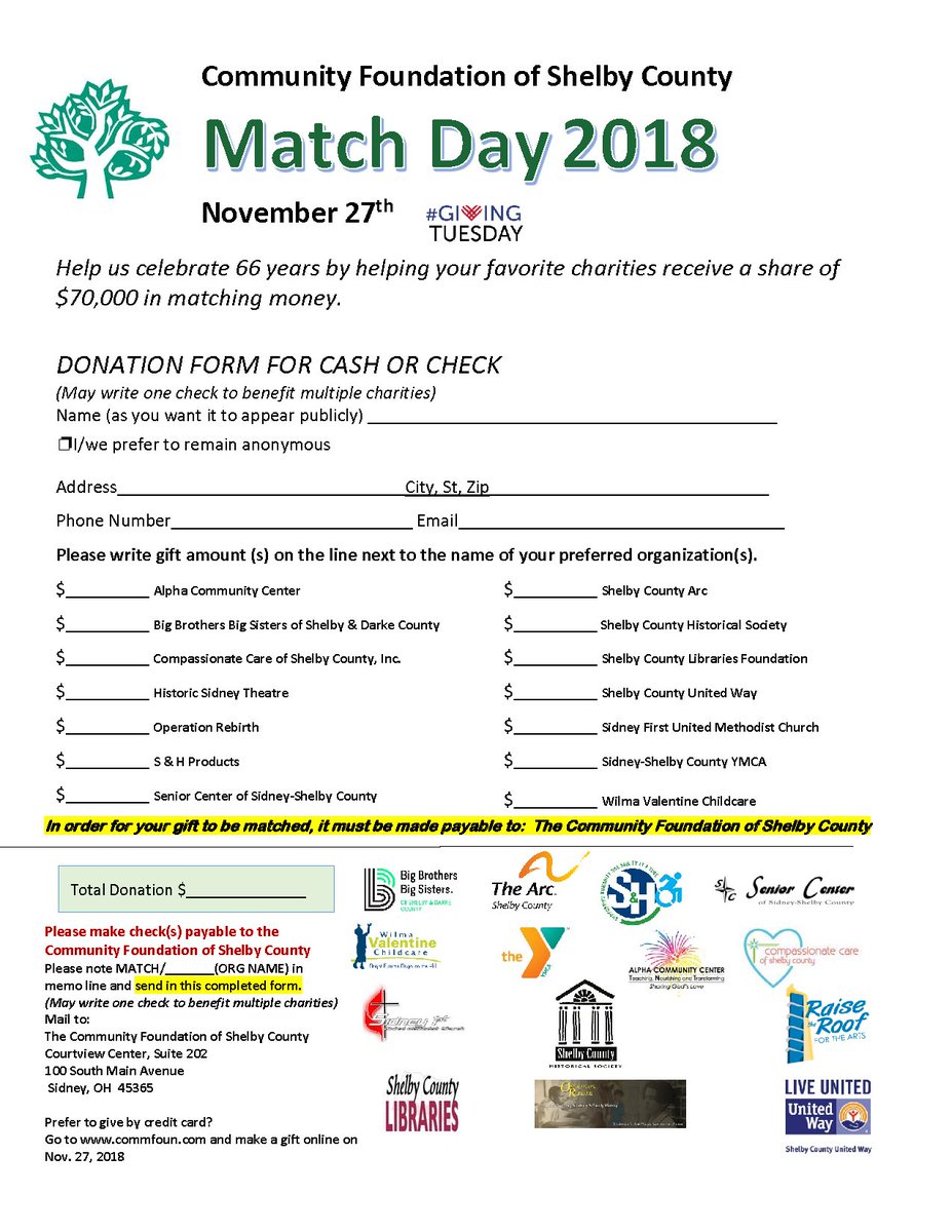 CFShelbyCounty's tweet photo. Don't forget Tuesday is #Giving Tuesday and we are celebrating by sponsoring another #MatchDay. Let it be a day to inspire and celebrate giving for our local community. Please use the attached form to participate. #impact #MatchDay2018 https://t.co/y6Pb6EARer