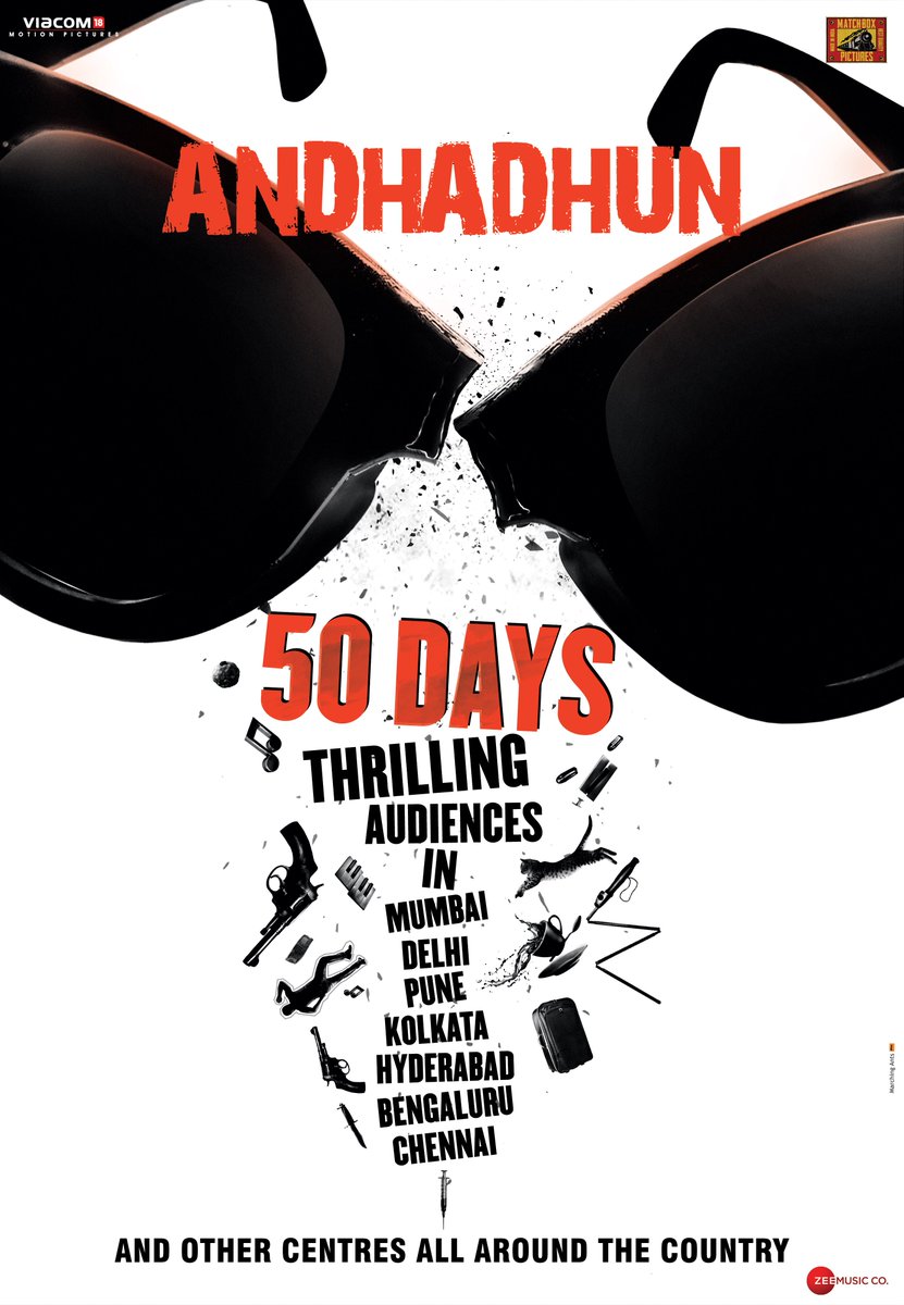 50 days of #AndhaDhun fever!

#tabu <a href="/ayushmannk/">Ayushmann Khurrana</a> <a href="/radhika_apte/">Radhika Apte</a> #SriramRaghavan @Viacom18Movies <a href="/matchboxpix/">Matchboxpictures</a> <a href="/ZeeMusicCompany/">Zee Music Company</a>