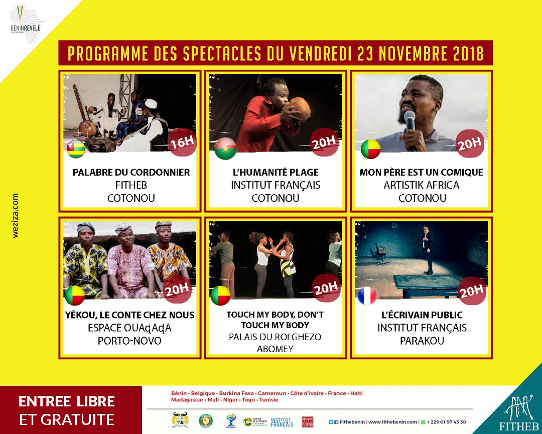 Programme de la journée du 23 Novembre 2018
#Culture #Wasexo #Afrique #DigitalBenin #Benin, #FITHEB2018 #team229, #fitheb
<a href="/koboudeleon/">Léon Anjorin KOBOUDE</a> <a href="/ACTU_BENIN_INFO/">ACTU BENIN INFOS</a> <a href="/PresidenceBenin/">Présidence du Bénin</a> <a href="/ab_benin/">Blogueurs du Bénin</a> <a href="/gouvbenin/">Gouvernement du Bénin 🇧🇯</a> <a href="/GbaguidiFrejus/">Gbaguidi Fréjus</a> <a href="/leminceart/">Giovanni S. HOUANSOU</a>