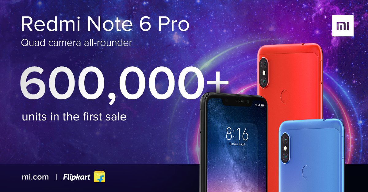 6 Lakh units of #RedmiNote6Pro! 🎉

Mi Fans! We had 600,000+ units of 'Quad Camera all-rounder' for 1st sale. Went out of stock in mins on <a href="/Flipkart/">Flipkart</a> &amp; Mi.com! 💪 

If you did not manage to buy one, don't worry. We are getting more stock. Next sale @ 3pm today. 😎