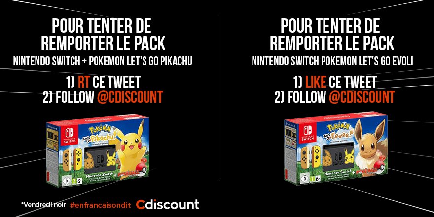 Cdiscount's tweet image. ⚫ #Concours #BlackFriday *

1ère option #TeamPikachu :  
 
1) RT ce tweet
2) Follow @Cdiscount

2ème option #TeamEvoli :
1) Like ce tweet
2) Follow @Cdiscount

TAS 06/12 

Règlement : bit.ly/2qWh4uO

* #EnFrançaisOnDit Cdiscount