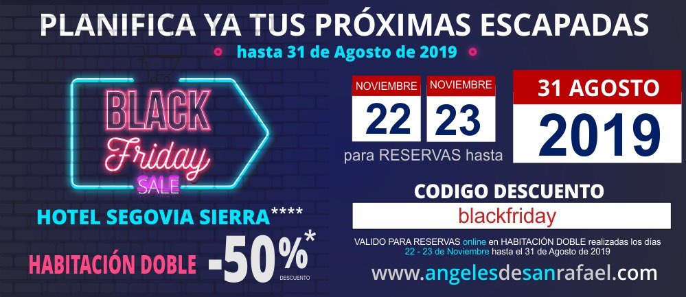 AngelesSRafael's tweet photo. #BlackFridayViajes ¡No te pierdas esta gran oportunidad! Solo hoy descuento 50%.

NO SÉ OLVIDE INSERTAR EL CODIGO DEL CUPÓN "BLACKFRIDAY"

Hotel Segovia Sierra de Guadarrama
https://t.co/l8XtNbdoAq
#BlackFriday #BlackFridayHoteles https://t.co/Vjmto237J3