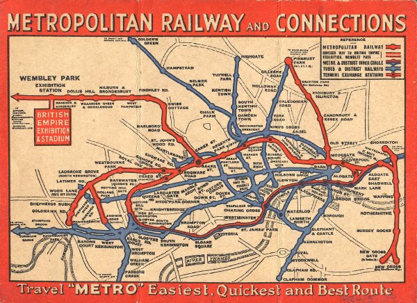 The Metropolitan Railway, or “the Met” opened in 1863. It was the world’s first passenger underground railway, and soon it extended beyond Farringdon, thru Moorgate. Other extensions also pressed on, fast. The core route is broadly the Metropolitan line that we have today. (2/6)