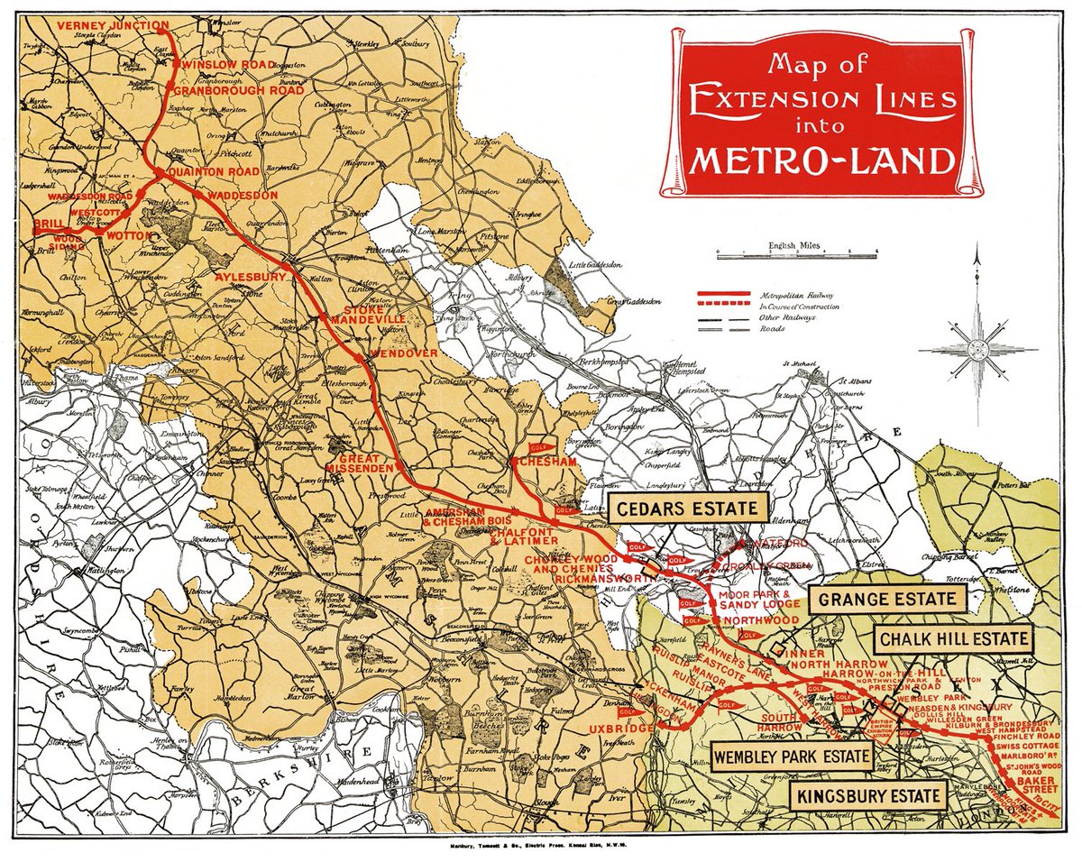 The Metropolitan Railway pushed further from London than others. It was clever. It even created “Metro-Land”, what we now know as the suburbs of NW London. It built rails then sold nearby land back to house developers, guaranteeing passenger revenue for generations to come (4/6)