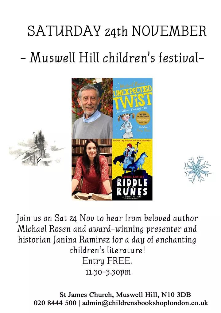 childrensbkshop's tweet photo. Have you always wanted to know more about the Vikings?! Would you like to know how to cheer up your glum pet hamster? Then come along TOMORROW to the Children's Literature Festival where amazing authors @DrJaninaRamirez and @MichaelRosenYes will be revealing all! https://t.co/98bHiDm4NZ