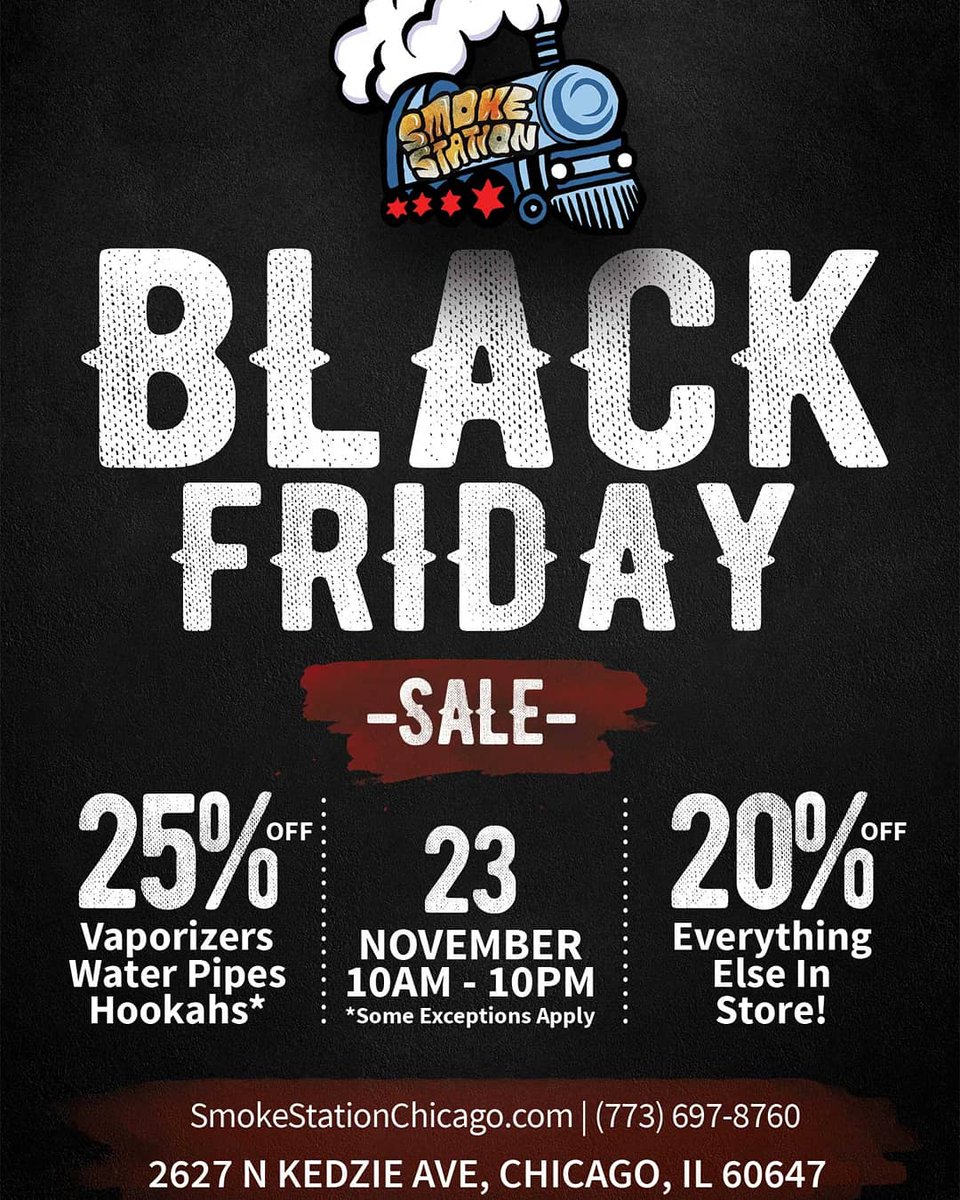 SmokeStationChi's tweet photo. Glass pipes, vaporizers, hookahs, everything's on sale today at Smoke Station! Open 10am-midnight #sale #chicago #420chicago #blackfriday #vape https://t.co/BZ4OYQGsH2