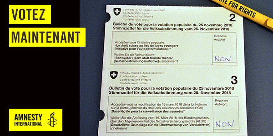 Amnesty_Suisse's tweet photo. Il est trop tard pour voter par correspondance mais vous pouvez encore aller déposer votre bulletin dans l'urne ce week-end selon les horaires en vigueur dans votre commune! N'oubliez pas de voter NON à #InitiativeAntiDroitsHumains #SBINon https://t.co/8H5nSLOXa8