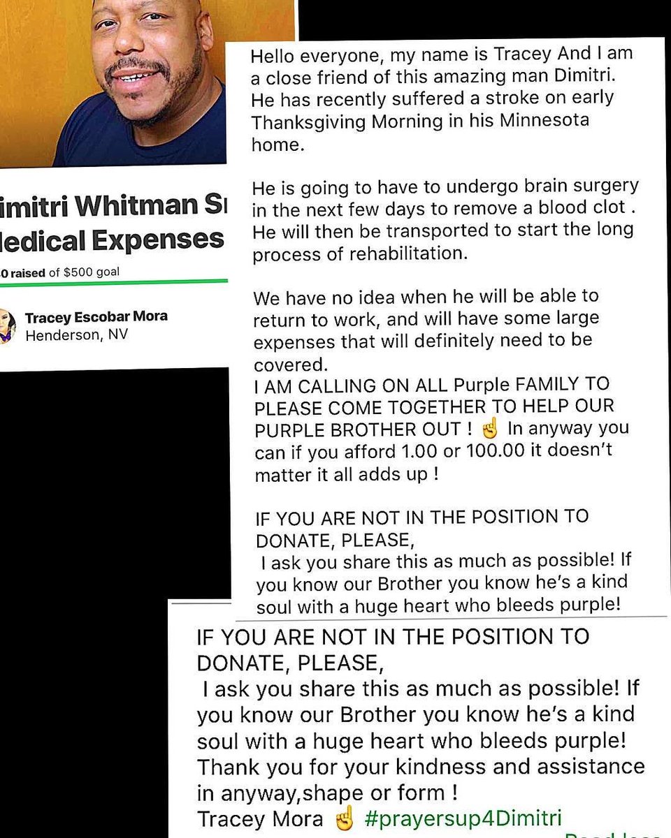 princeundeleted's tweet photo. Dimitri Whitman, Sr. aka @DigitalCreator suffered a stroke and will need brain surgery 2 remove a blood clot. A @gofundme is setup 4 our purple brother. Please click on the link 2 share or donate! ๐๐ฝโฎ๐โ๐
https://t.co/8x4nGksge8 #prayers4dimitri #palv #purplefunksf #bumpsquad https://t.co/KauU8mqd5Q