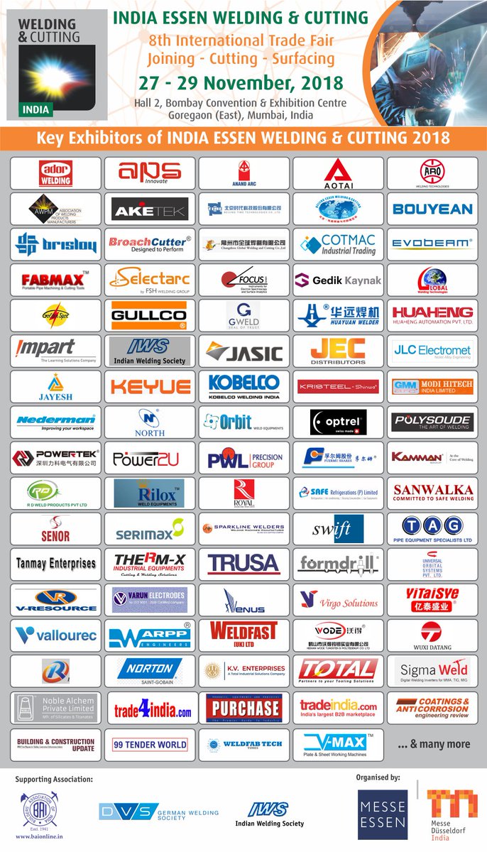 IndiaWelding's tweet photo. Key Exhibitors of India Essen Welding &amp; Cutting 2018
India Essen Welding &amp; Cutting
8th International Welding &amp; Cutting Trade Fair
Trade Fair Dates: 27-29 November 2018
Visitors Registration Open Now : https://t.co/UIW6RD0bsI https://t.co/NZJajNW2ED