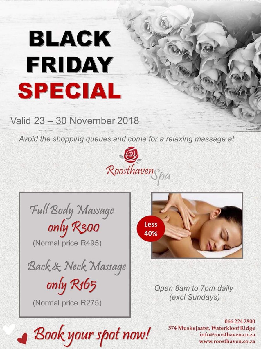 Hello Black Friday💋
Roosthaven Spa Waterkloof Ridge has any amazing special for you until end Nov 2018.

Book from the Free Essentials for Women Beauty App or we can make a booking for you👌
#blackfriday #blackfridayspecials #hellofriday #massage #feelgood #loveyourself
