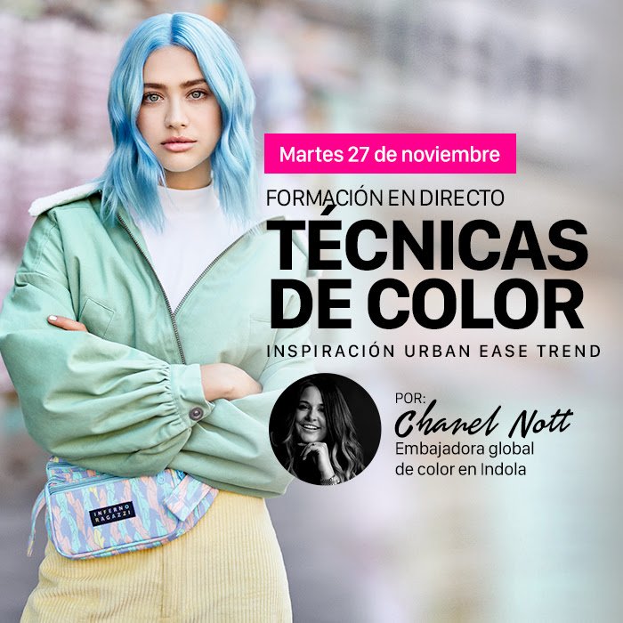 IndolaSpain's tweet photo. ¡No te pierdas la formación GRATUITA 'Técnicas de color Inspiración Urban Ease Trend! Será impartida por Chanel Nott, Embajadora Global de Color Indola. 🤩 ¡Toma nota! 👉🏻 Martes 27 a las 21h. en la plataforma @Modumb_  Reserva tu plaza: https://t.co/Fnn6xNgOCt https://t.co/QbTYgBEJh5
