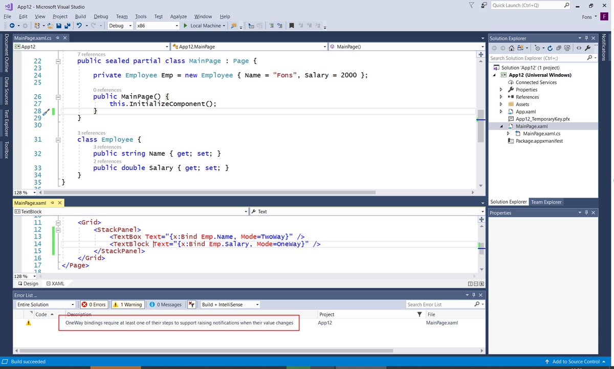 fonssonnemans's tweet image. Cool VS2017 15.9 warns me if I have a x:Bind Mode with OneWay without INotifyPropertyChanged. Not (yet) for TwoWay.

OneWay bindings require at least one of their steps to support raising notifications when their value 

#uwpdev #uwp #xaml