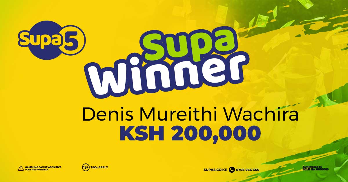 Supa5ke's tweet photo. We have another Big winner!
Hongera Denis Mureithi. He matched all the 5 numbers against the winning numbers!
Supa5 ni Rahisi sana! Jaribu bahati yako leo! https://t.co/AMtTm5p0mT