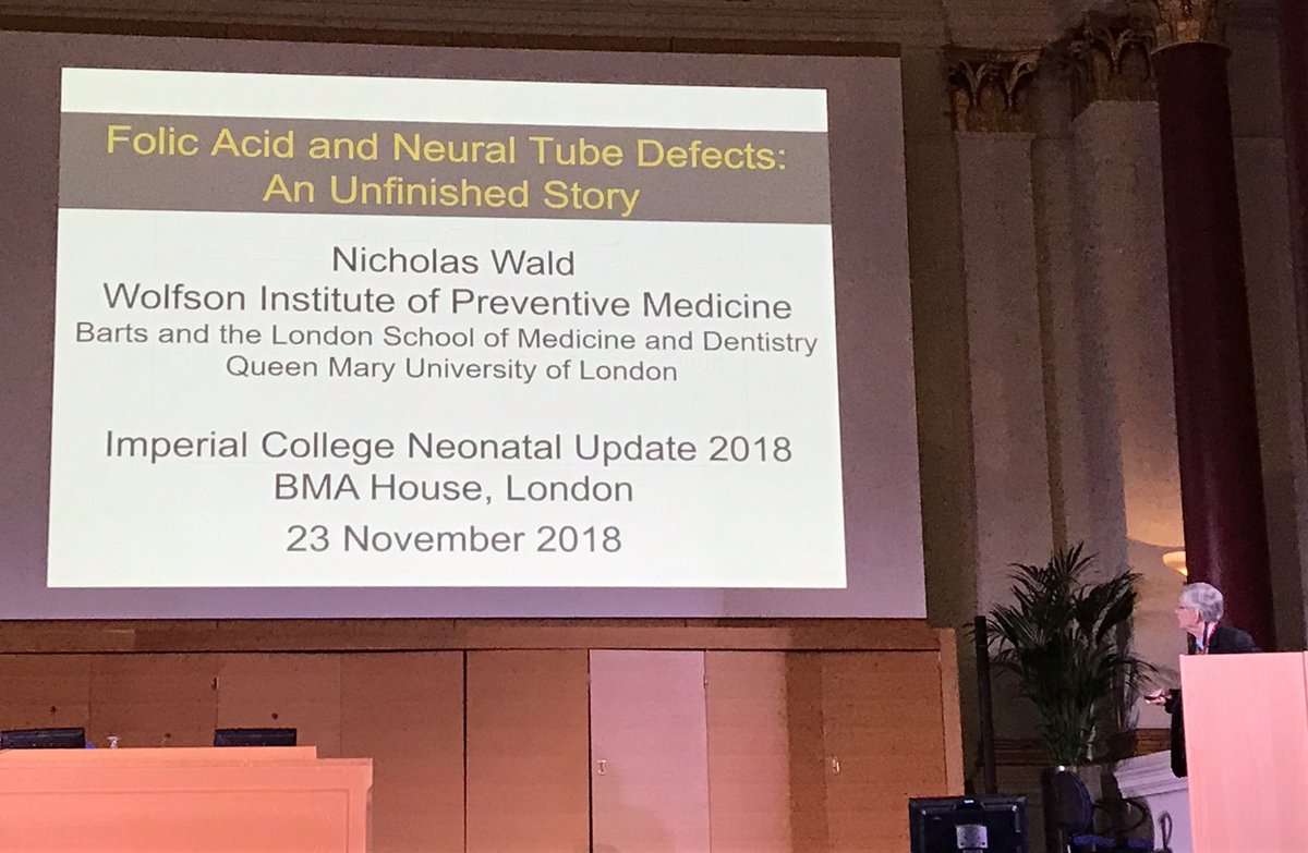 DrCBattersby's tweet photo. To start off the day, honored to have Professor Nicholas Wald to share the Unfinished story on Folic acid and neural tube defects- we can learn much from history #NeonatalUpdate2018 https://t.co/WzqqNV6erN