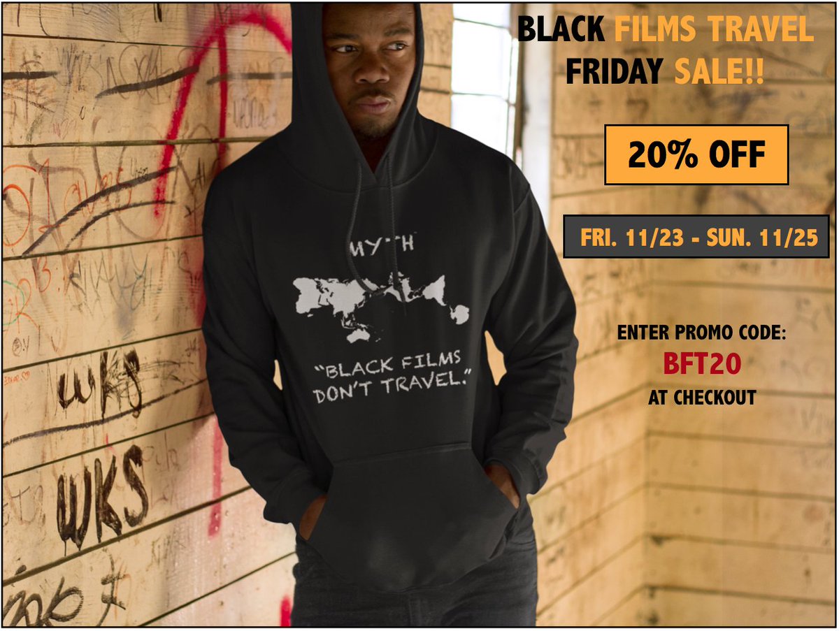 BlkFilmsTravel's tweet photo. 20% BLACK FILMS FRIDAY SALE!! Conscious apparel dispelling the myth that Black films don't make money overseas!  Great GIFTS for FILM LOVERS and lovers of TRUTH. T-Shirts, Hoodies, Tank Tops, Totes, Beanies and Caps. GET YOURS TODAY at https://t.co/ezlHjJtrm2 https://t.co/0e4Kek6cxU