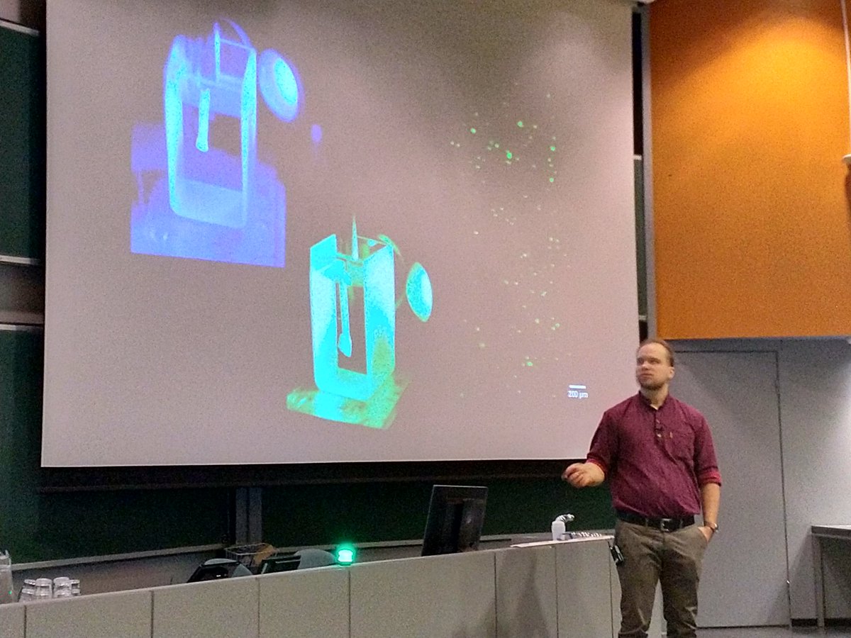 JariAKHyttinen's tweet photo. At #BioMediTech and our new faculty research day https://t.co/qwGexEVhZZ @TampereUni Olli Koskela @HyttinenLabCBIG giving lively talk demonstrating our optical projection tomography presenting Radon transform dance moves with Gaussian beam correction to visualize the principles. https://t.co/jEMIPUoM7c