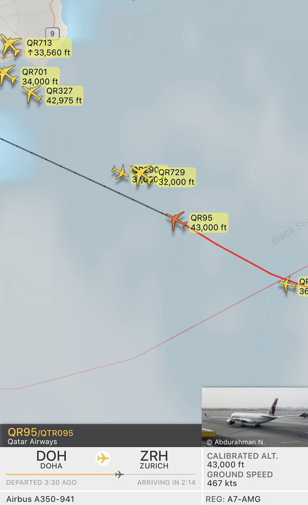 fasheditorial's tweet photo. @qatarairways #cruising at 43000 feet #qr95 flying is more #interesting now with live tracking #flightradar24 @flightradar24 https://t.co/nx1TzKs00N